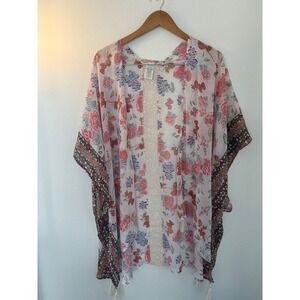 Women Floral Sheer Medium Length Open Front‎ Kimono O/S Cardigan with Tassels